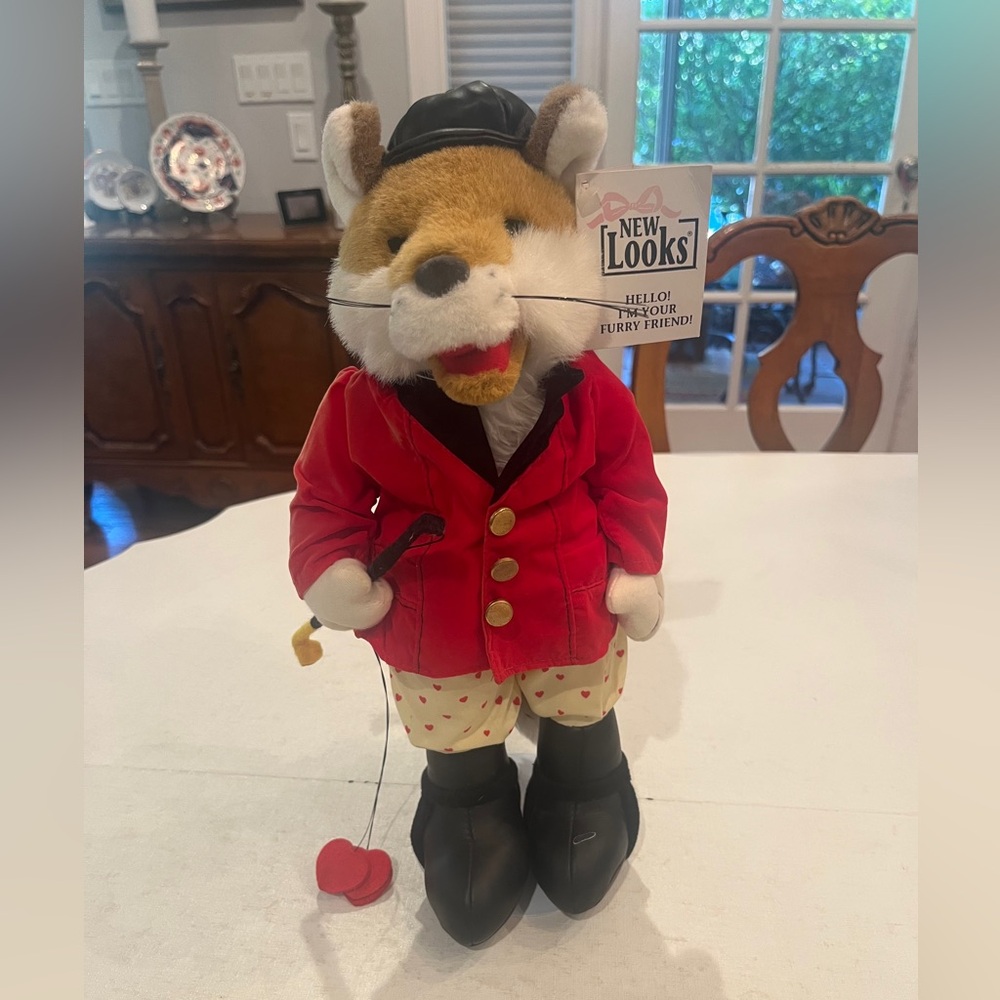 Vintage equestrian dressed plush fox with Red Jacket and Heart Pants. W/ tag!